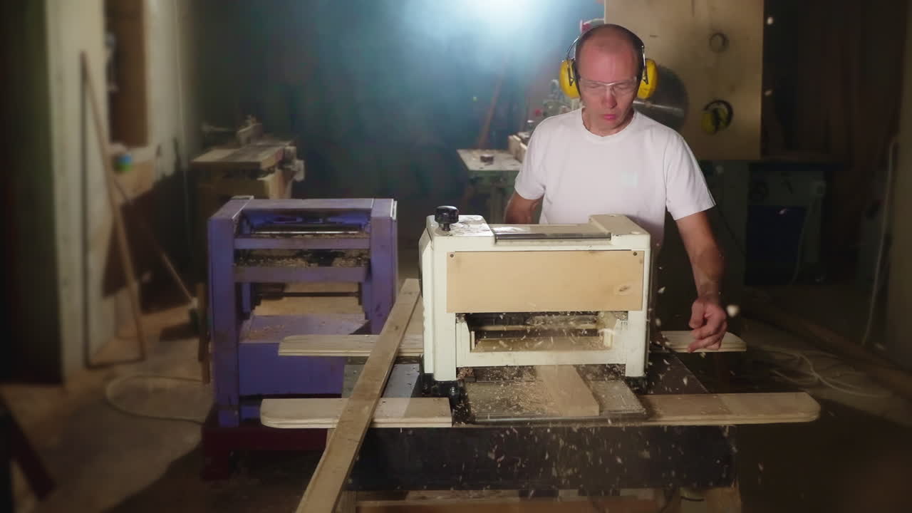 человек, работающий на деревообрабатывающем станке в мастерской