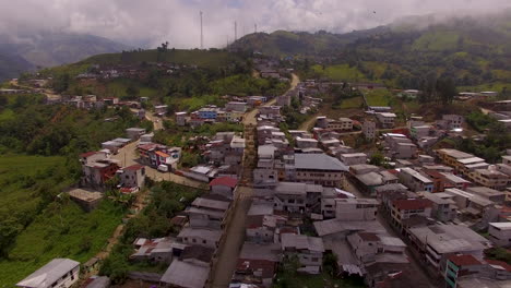 aerial pan across a mountain town in ecuador