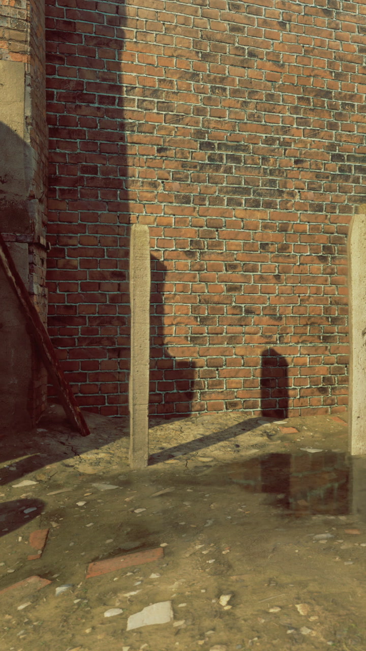 Construction site with brick wall and wooden supports during daylight