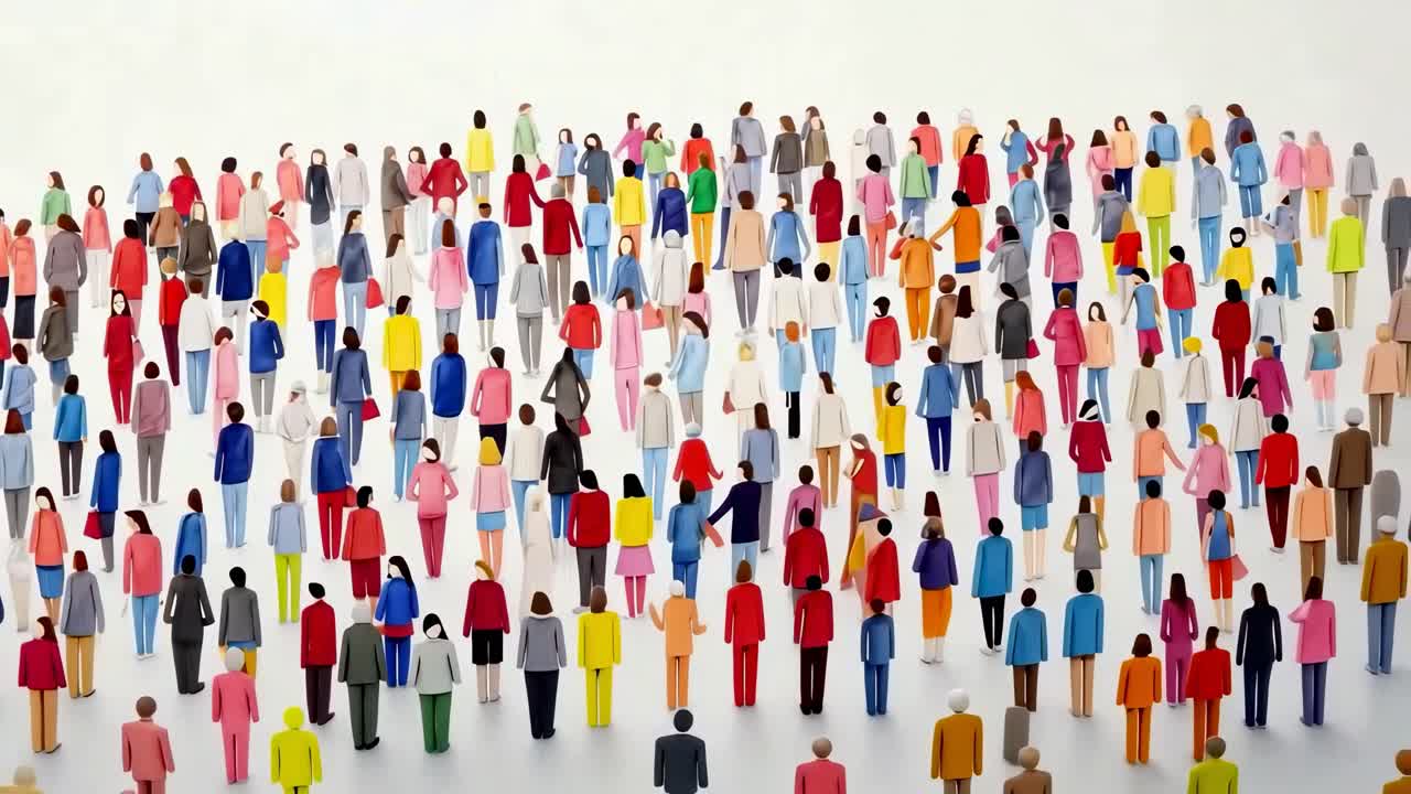 Top-down video view of a diverse crowd of colorful, miniature figures on a white background