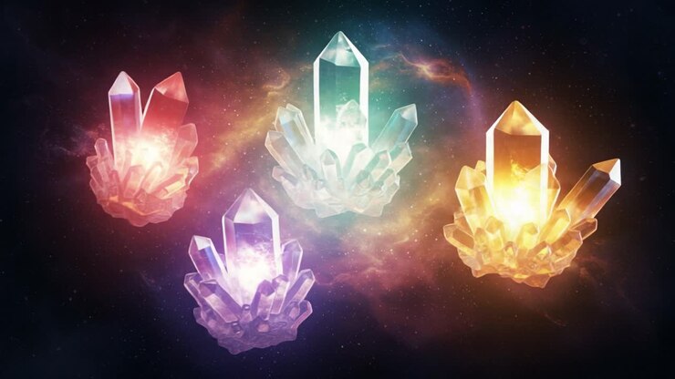 Splendida esposizione di cristalli colorati che irradiano luce in un contesto cosmico, mettendo in risalto la loro bellezza naturale e i dettagli intricati
