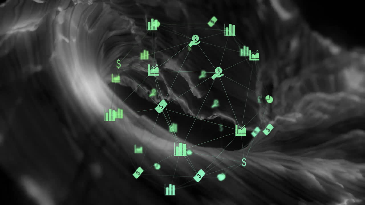 Animation of globe of connections with icons over white shapes on black background