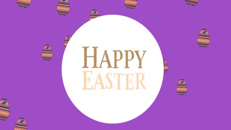 Animation-of-happy-easter-in-circle-over-easter-eggs-on-violet-background