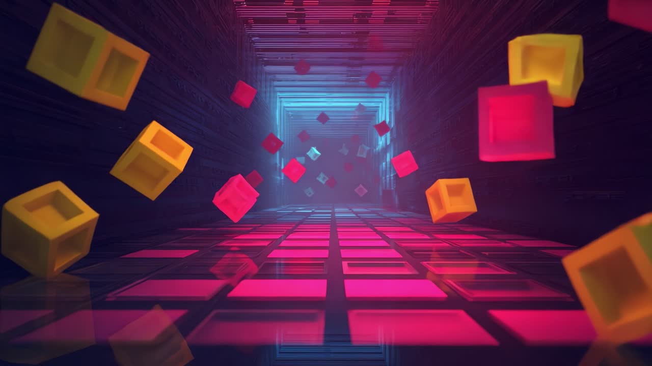 A Surreal Journey Through a Colorful 3D Tunnel with Floating Cubes and Radiant Light, Merging Digital Art with Abstract Concepts in a Futuristic Landscape