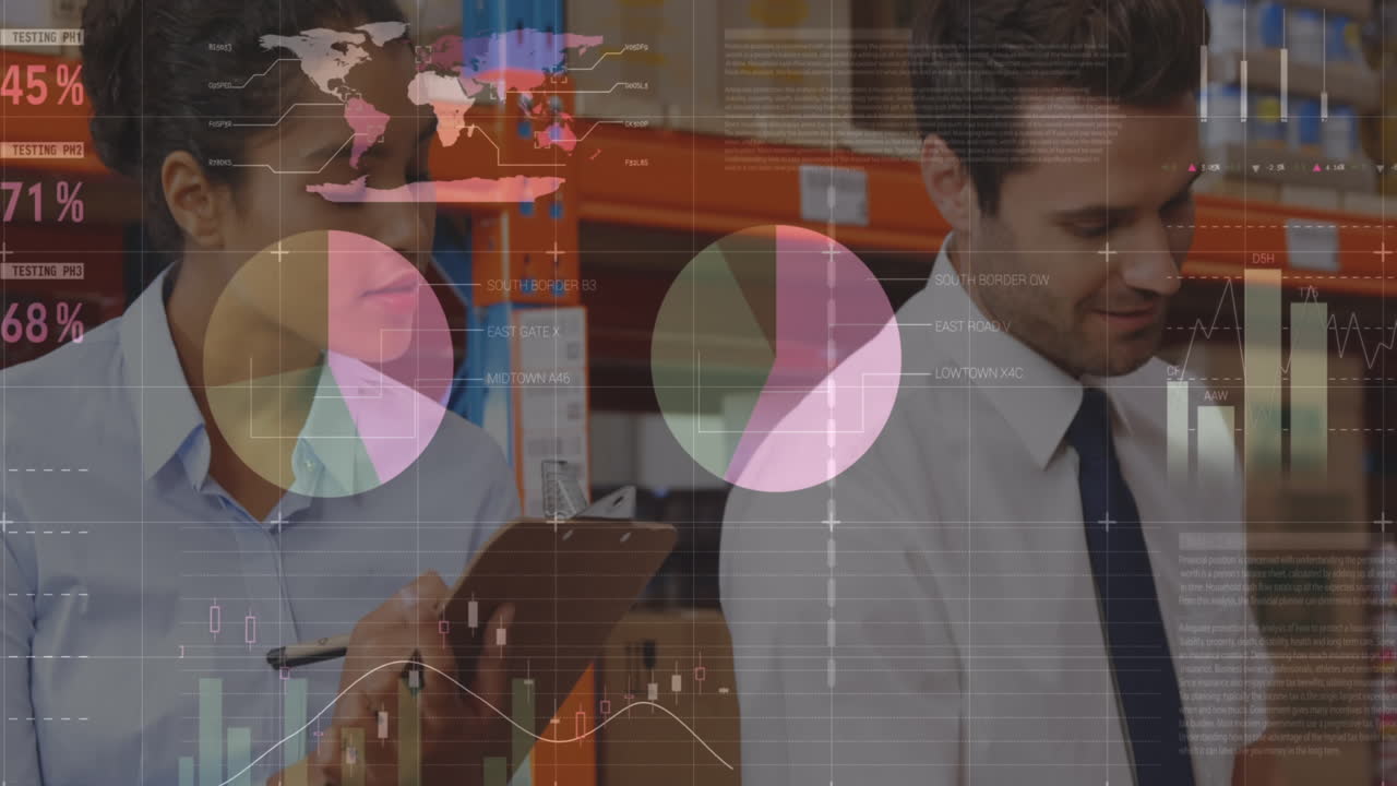animación de estadísticas y procesamiento de datos y hombres y mujeres que trabajan en almacenes