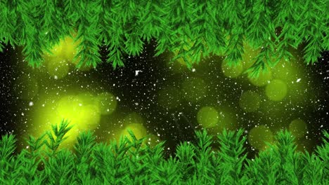 animation of snow falling with fir tree branches and glowing green spots of light