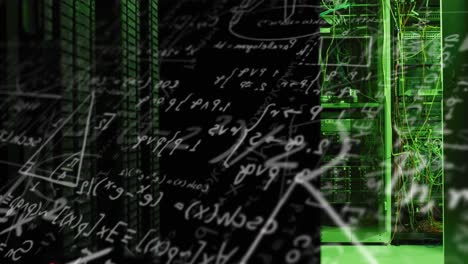 animation of mathematical equation and diagrams against illuminated server rack in server room