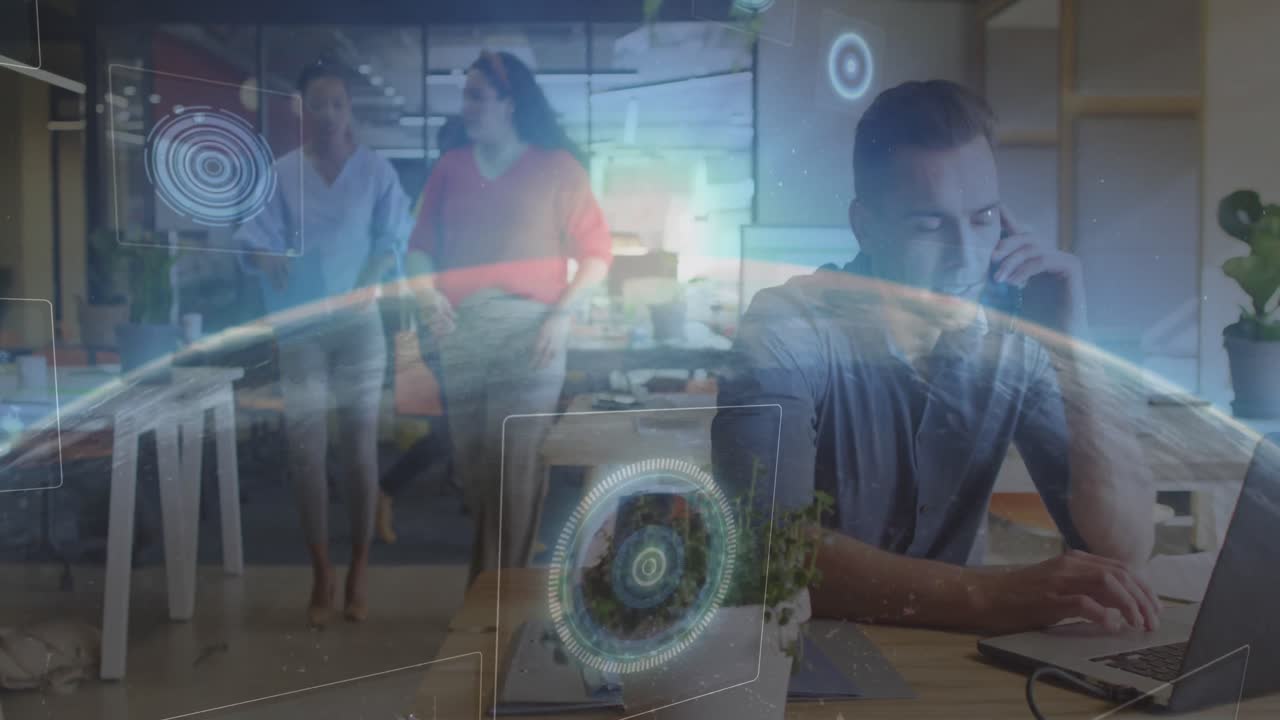 Animation of globe and scope scanning over diverse business people working at office
