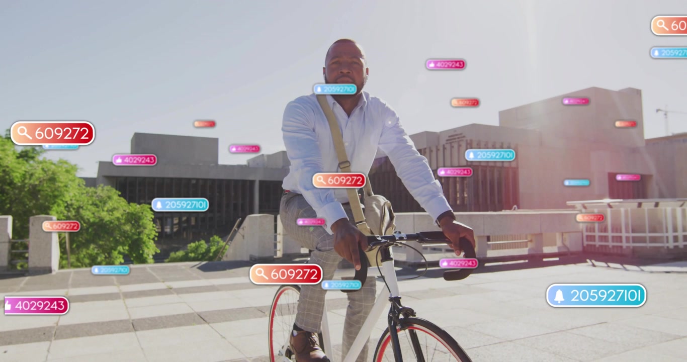 Man riding white bike on roof alerts appearing as tags, piling around torso for tech designers