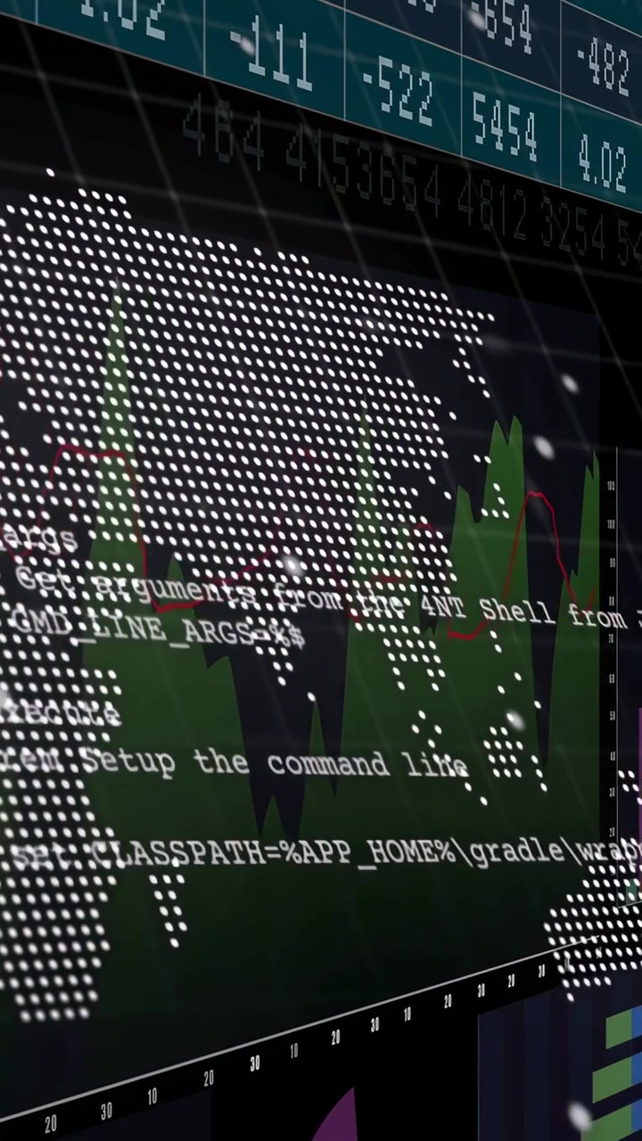 Globales Tech-Dashboard schwenkt bei Datenaktualisierung, zeigt Balkendiagramme, gepunktete Weltkarte, scrollenden Text.