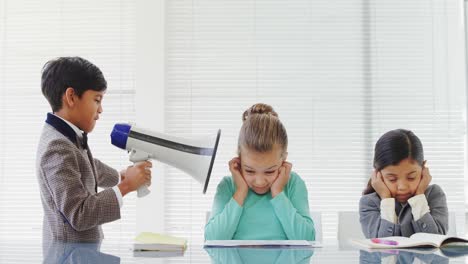 kids as businessman shouting through loudspeaker at his coworkers 4k