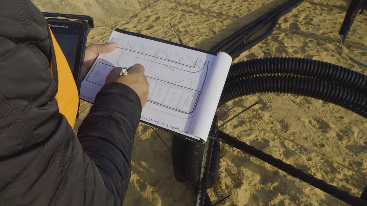 Close-up of a man taking notes on paper plans at a sandy construction site with pipes and dark structure - Israel
