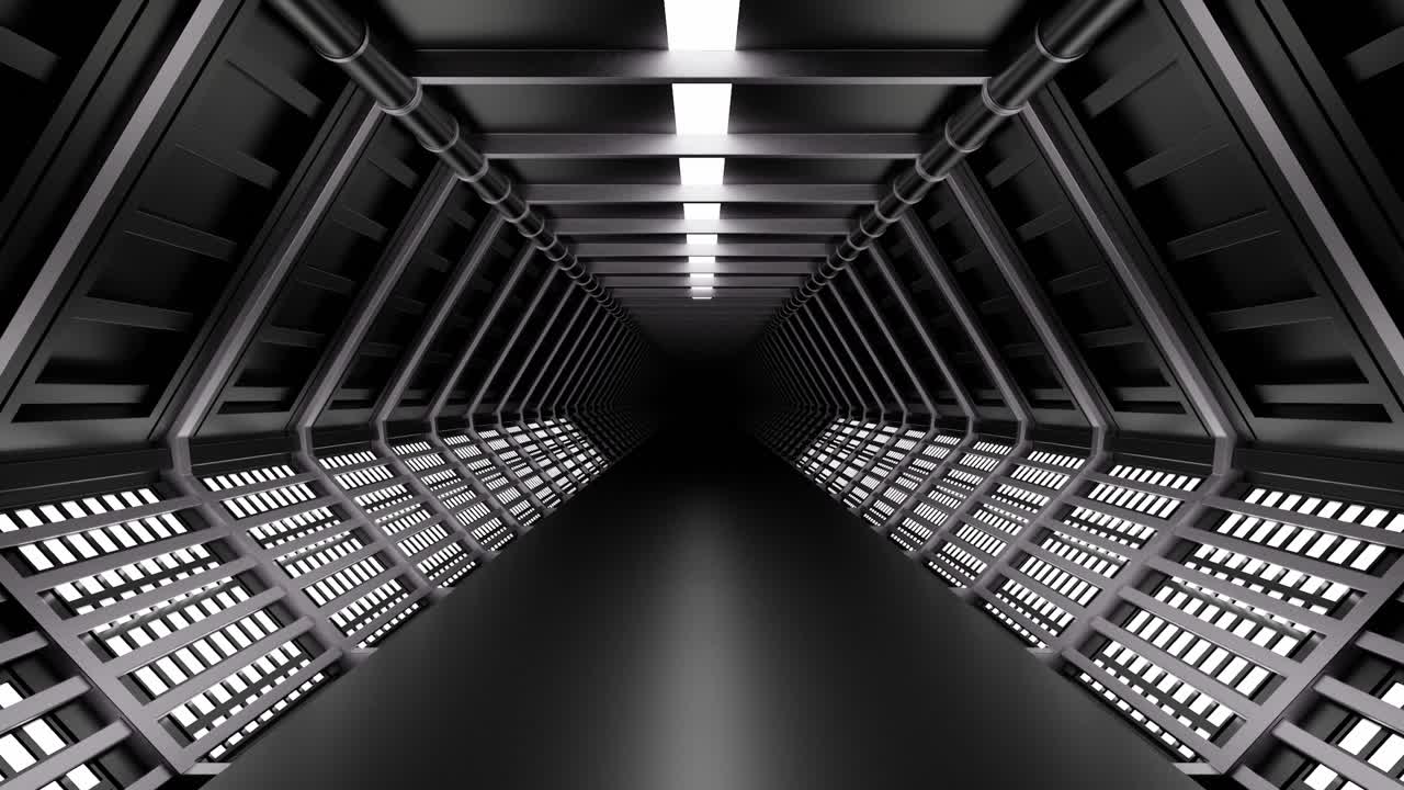 un corredor largo, oscuro y futurista