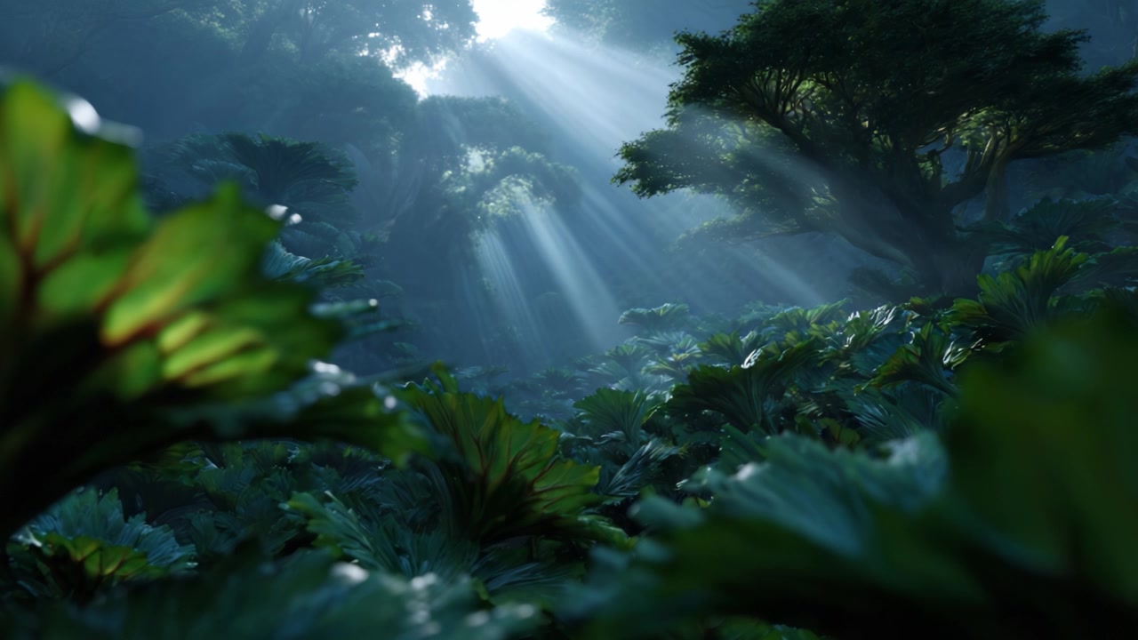 Exuberante naturaleza verde con la luz del sol atravesando el denso follaje, capturando la serenidad en el abrazo de la naturaleza y resaltando la belleza del paisaje forestal.