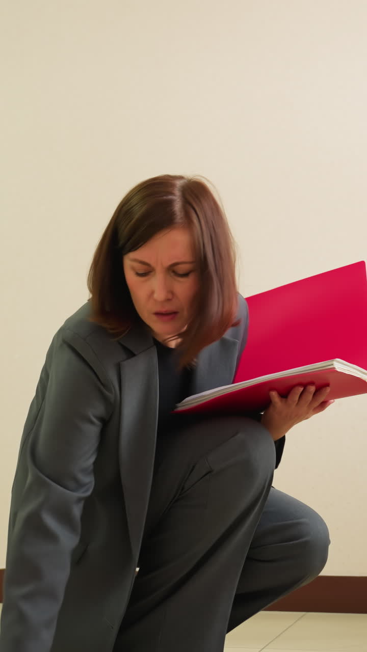 Businesswoman in gray suit squatting in hallway picking up scattered documents with red folder in hand looking stressed and frustrated in office environment with minimal background elements