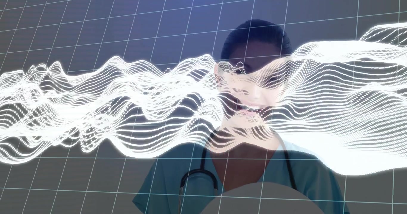 Operatrice sanitaria che tocca un tablet, regolando e monitorando i dati, creando forme d'onda su una griglia
