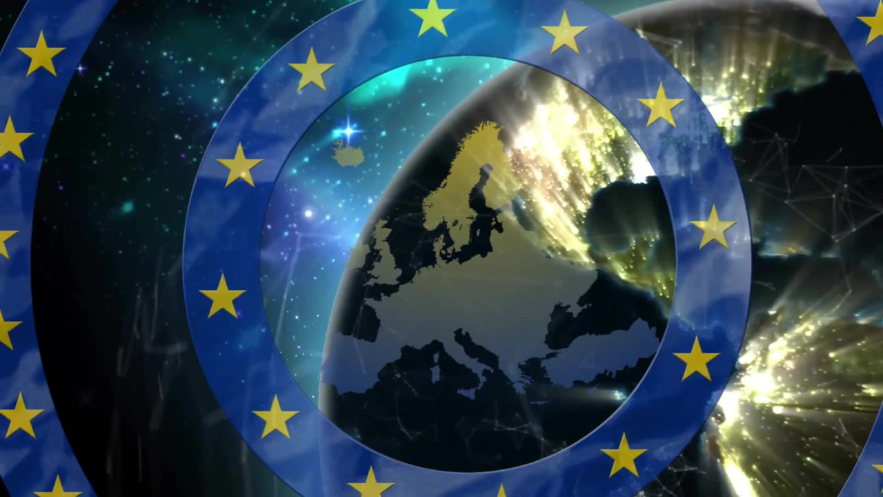 All'avvio, anello dell'UE e globo che ruotano in senso orario, linee di rete che sfarfallano dimostrando la connettività