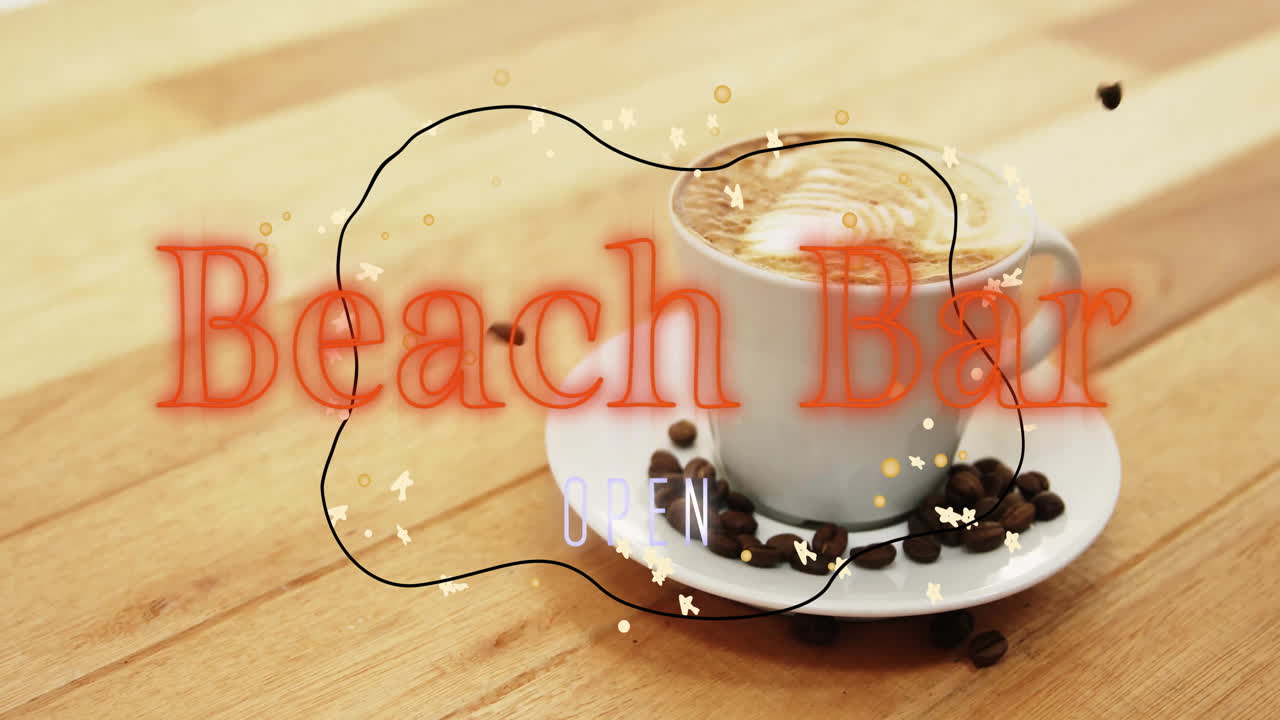 3D render showing white ceramic cup with latte foam art, scattered beans, neon Beach Bar sign
