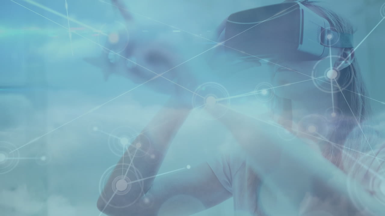 Animation of network of connections moving over woman wearing vr headset