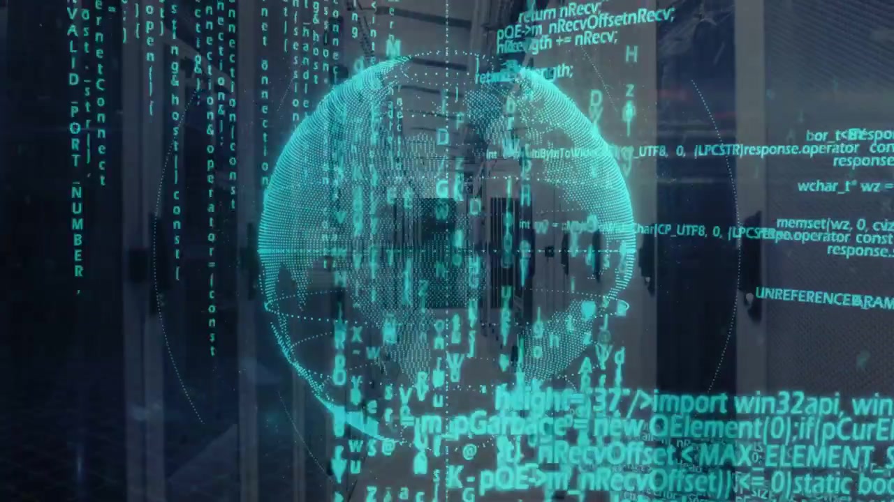 Cyan holo globe forming on data burst, rotating while code cascades, visualizing network activity