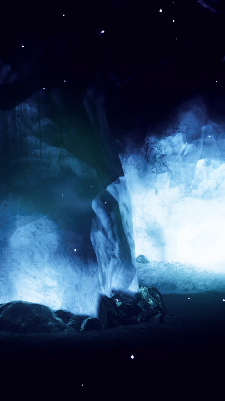 Esplorare una grotta mistica illuminata da cristalli fluorescenti in un ambiente buio