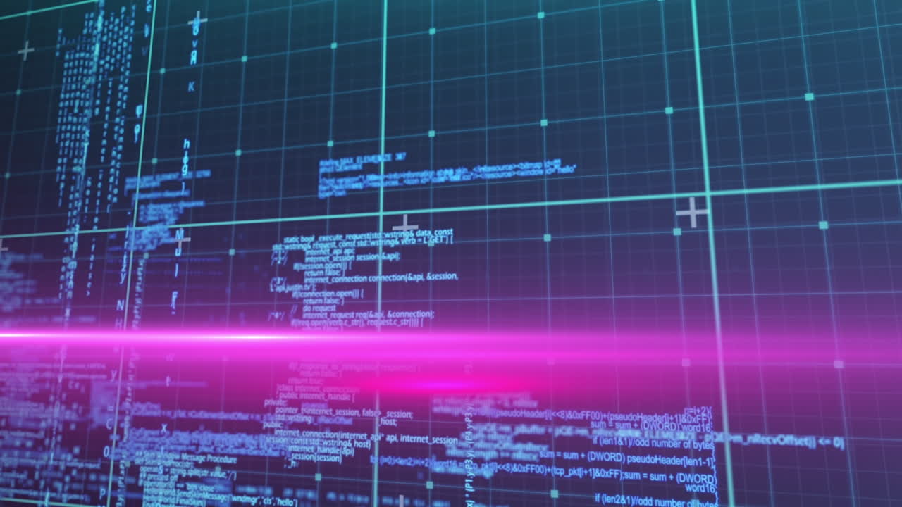 그리드와 파란색 배경 위의 디지털 데이터 처리의 애니메이션