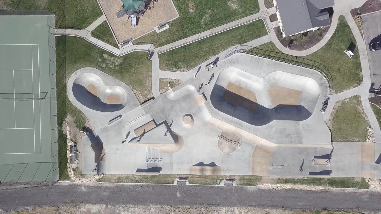 lehi skatepark in salt lake city utah on a sunny day - aerial top down raise