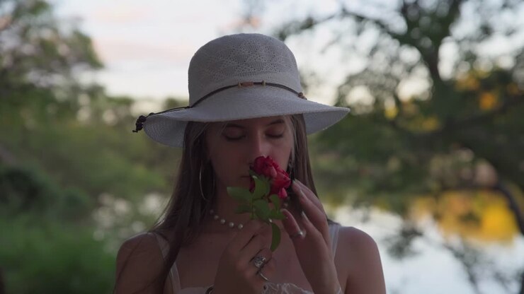 Bella giovane donna con cappello che annusa una rosa sospirando spensierata vicino a un lago in natura al tramonto, primo piano