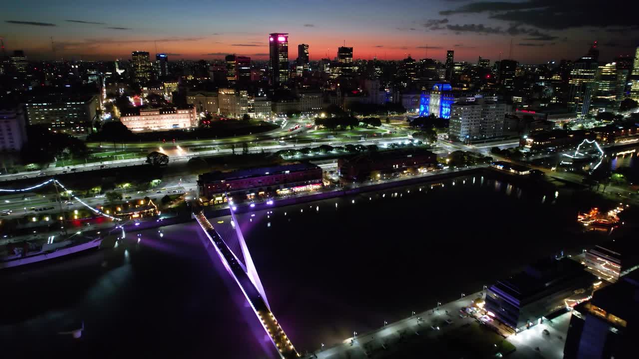Sunset downtown Buenos Aires Argentina. Sunset panning wide landscape Puerto Madero at downtown district Buenos Aires. Tourism landmark. Sunset outdoor downtown city. Urban scenery Buenos Aires city