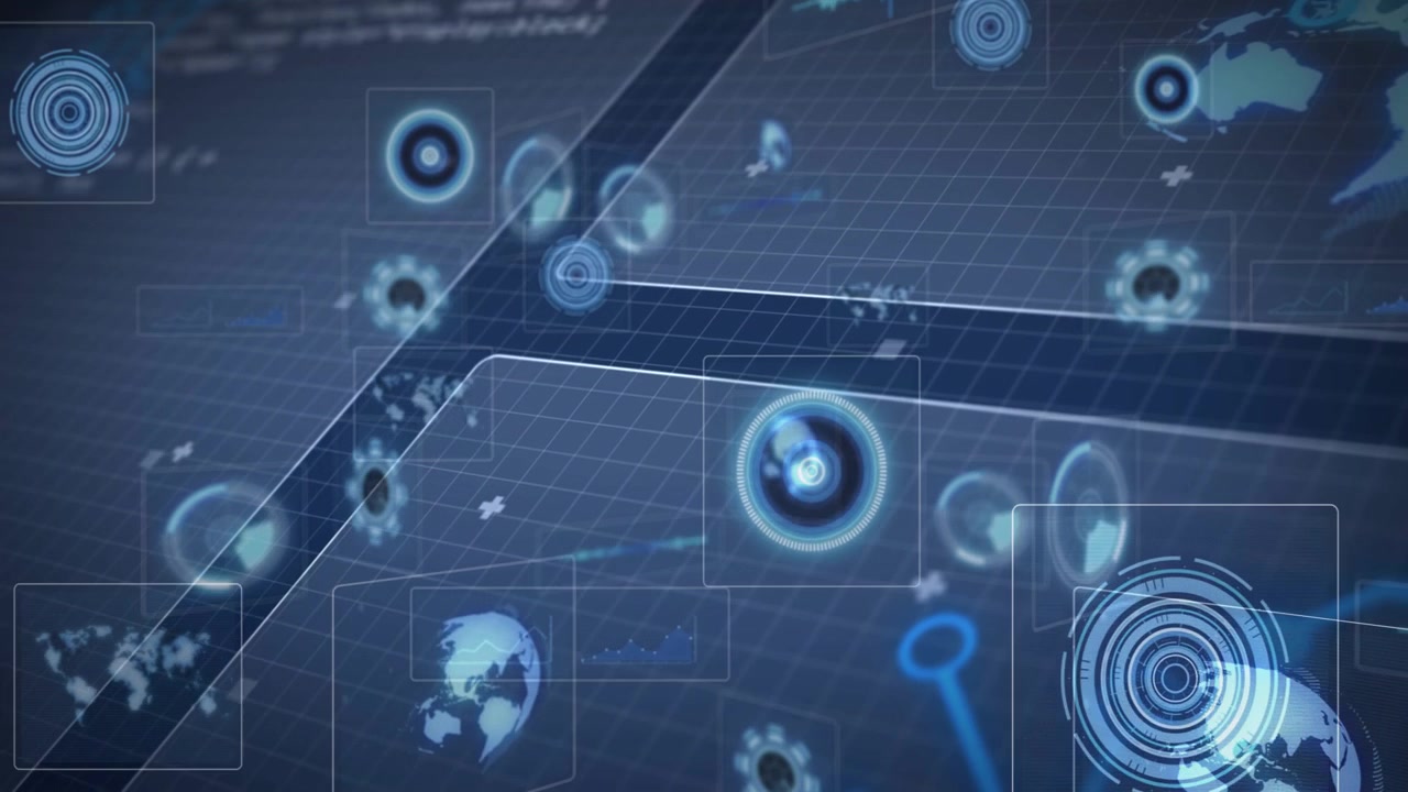 On grid pulse, UI panels sliding while nodes pulsing and main target growing for scanning