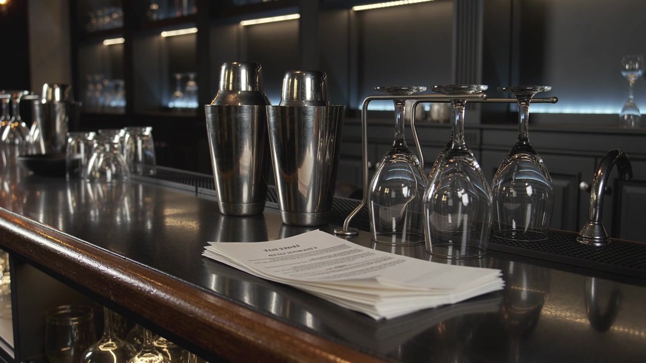 Flipping printed page from stack on polished bar counter after slight draft, with cocktail shakers