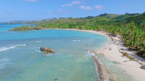 aerial forward flight along coastline with clear sea water, sandy beach and palm tree plantation in sunlight - playa rincon, samana