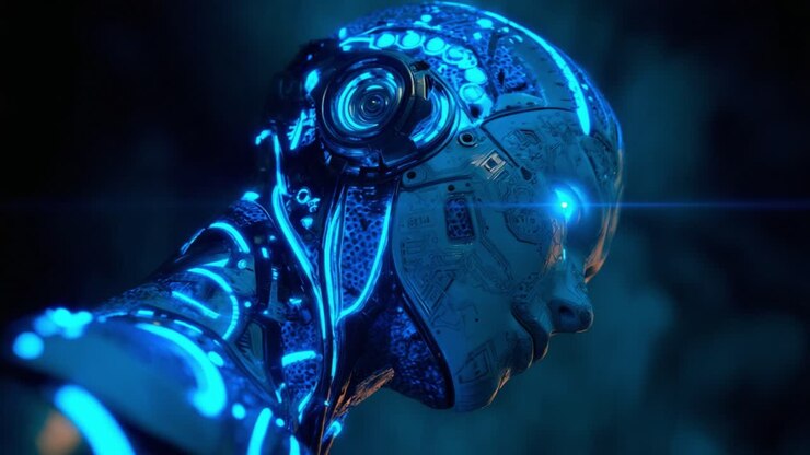 Robot umanoide avanzato che gira la testa e attiva il suo sistema con una luce blu brillante che emana dagli occhi. Un concetto futuristico di intelligenza artificiale, machine learning e cibernetica