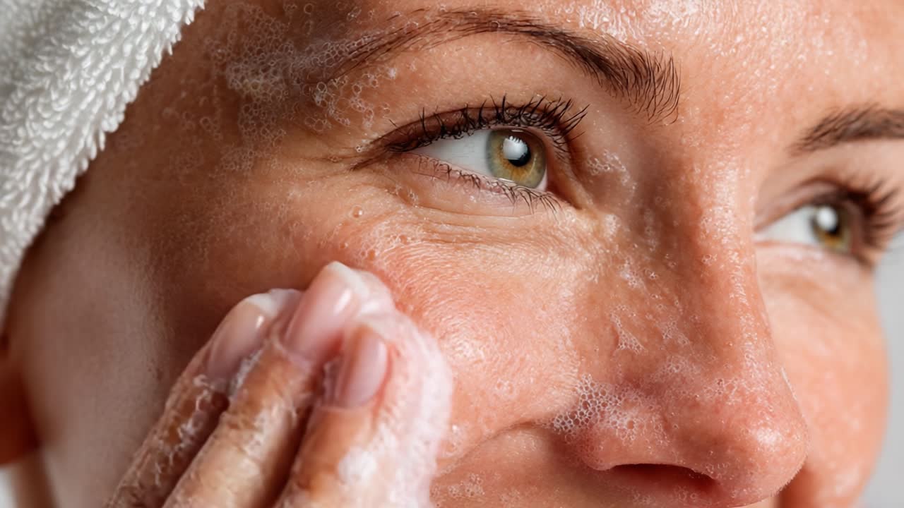 A Close-Up of a Woman's Face While Cleansing: The Effective Beauty Routine for Radiant Skin and a Refreshing Experience of Facial Care and Relaxation