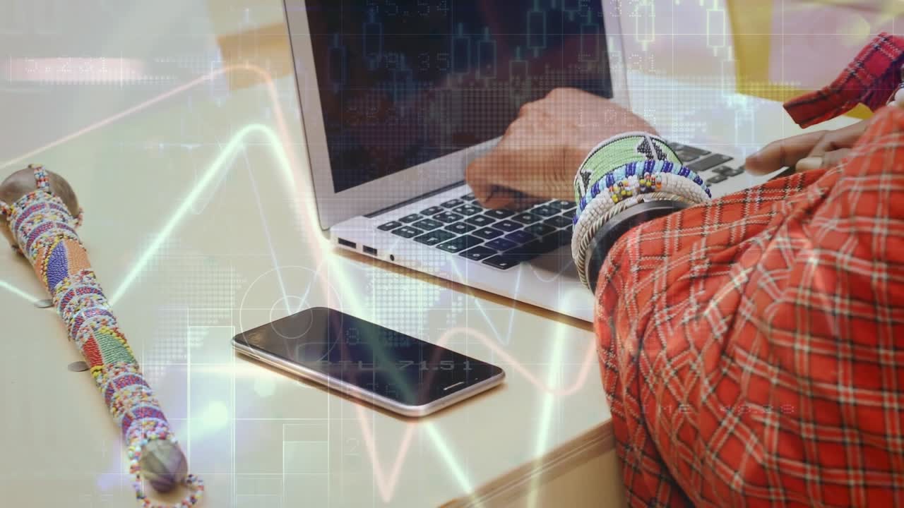 Animation of connections over hands of african american man using laptop with copy space