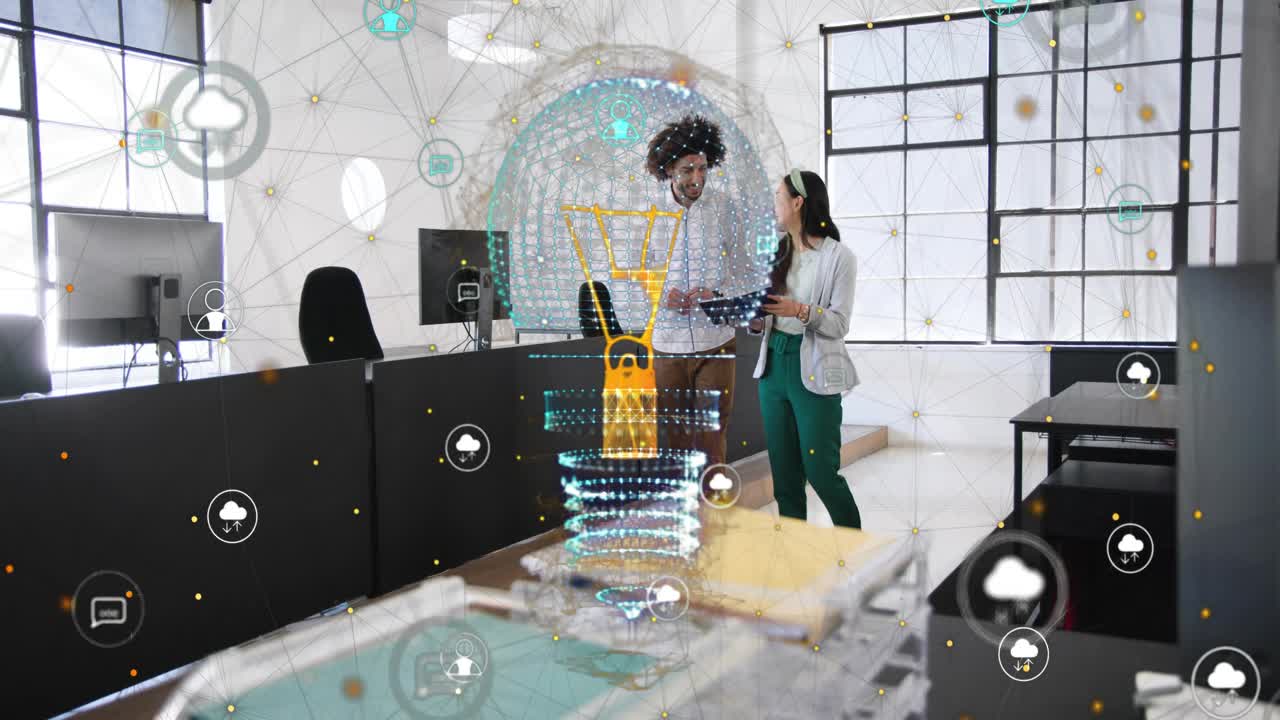 Pair approaching desk woman pointing tablet activating holographic bulb and icons for tech review