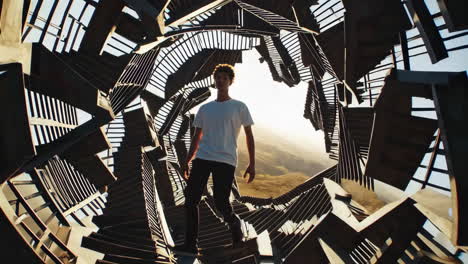 man in a spiraling architectural structure