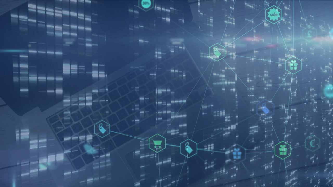 노트북에 대한 모자이크 사각형의 화면 위에 디지털 아이콘의 네트워크의 애니메이션