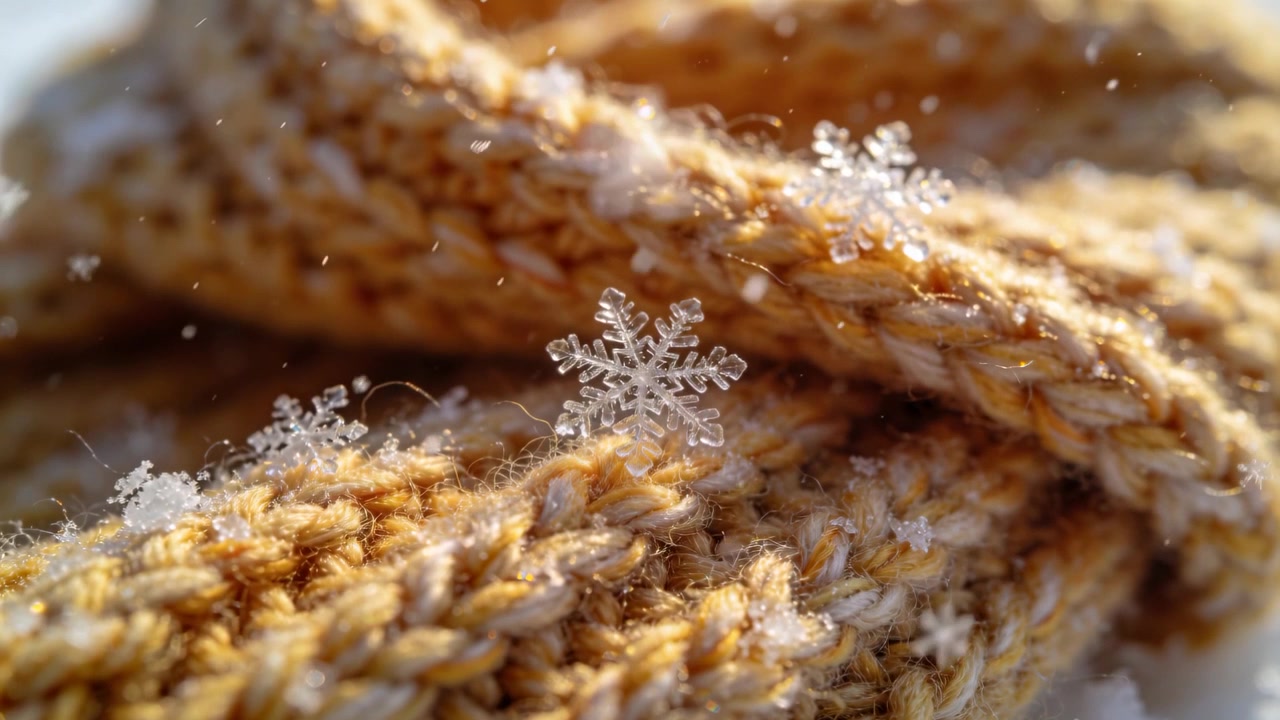 Fallende Schneekristalle von leichtem Schneefall legen sich auf geflochtenen Strickstoff in Makroaufnahme, glitzerndes Garn.