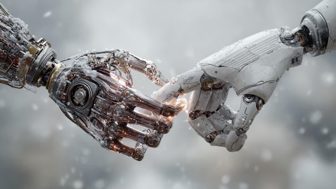 A Moment of Connection: The Intricate Touch Between Two Robotic Hands Symbolizing the Merging of Technology and Humanity Amidst a Serene Environment