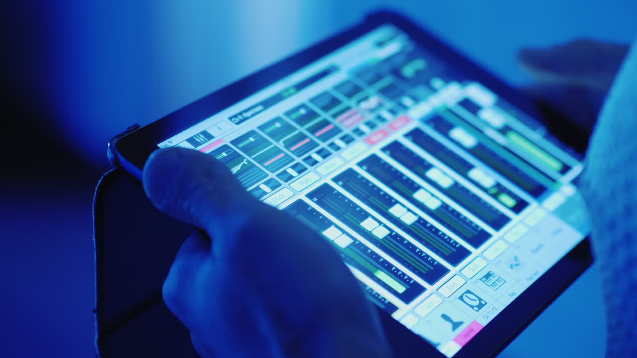 A Professional Sound Engineer Uses A Tablet Near The Stage Controls The Sound Of The Music Group Hd 