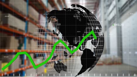 Statistical-data-processing-over-spinning-globe-against-warehouse-in-background