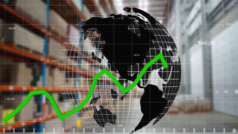 procesamiento de datos estadísticos sobre el globo giratorio contra el almacén en el fondo
