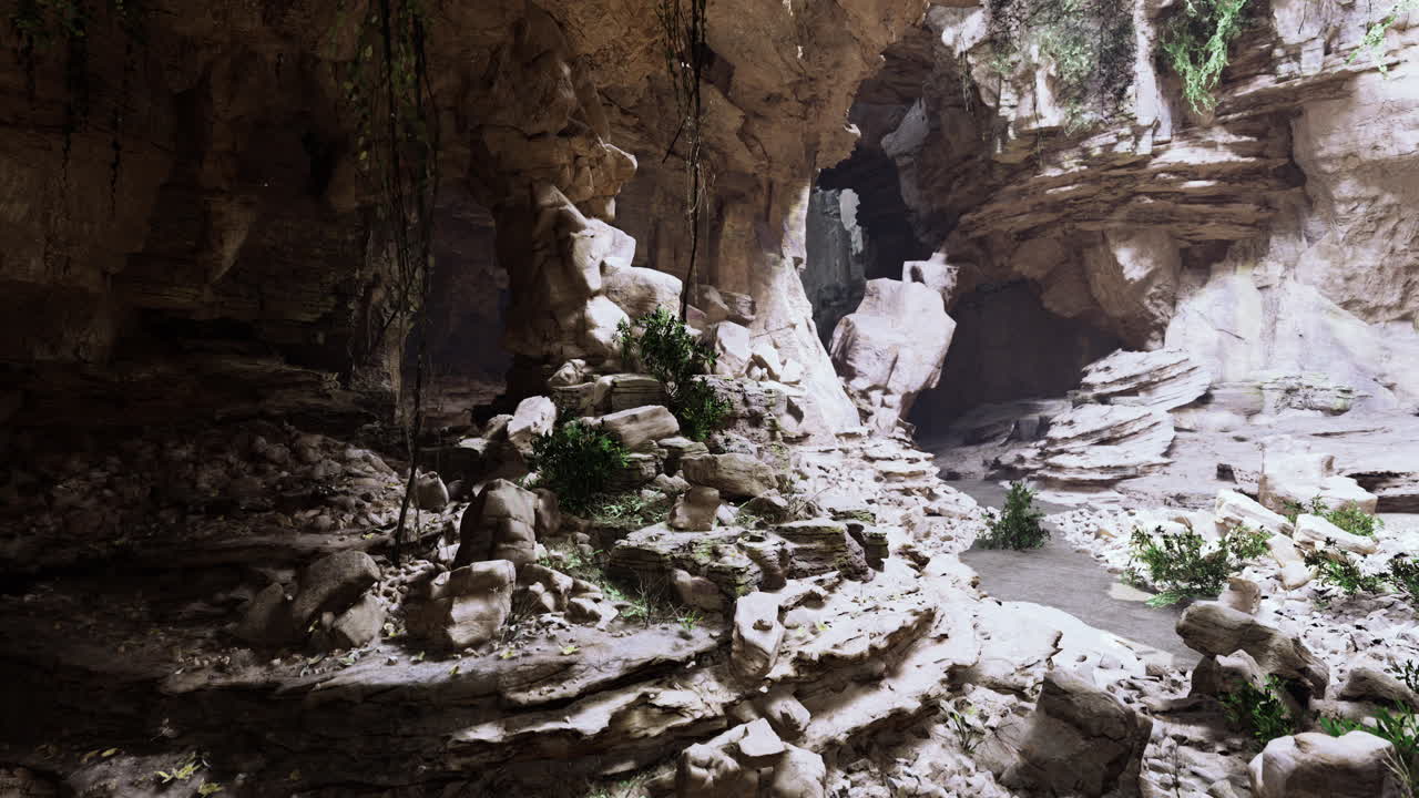 Cave exploration showcasing rugged rock formations and lush greenery