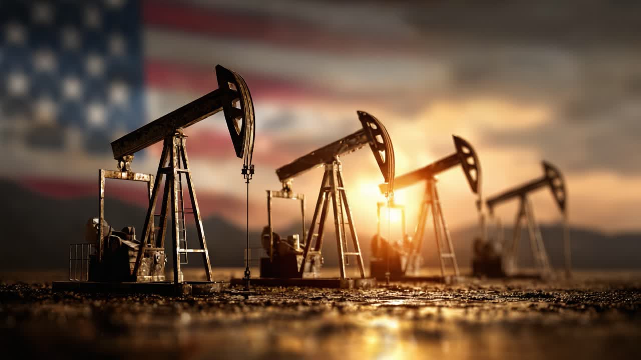 An Insight into Oil Extraction: A Series of Pumpjacks Silhouetted Against an American Flag Background During a Golden Sunset