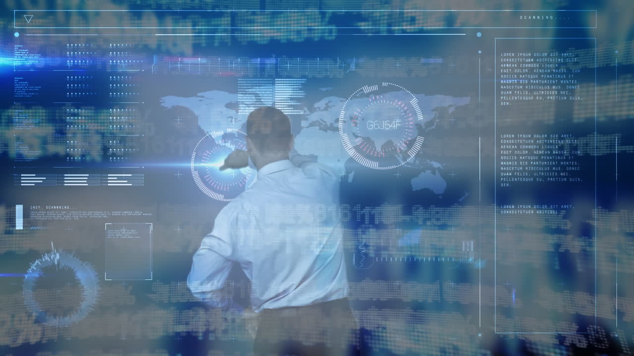 hombre de negocios usando una pantalla futurista