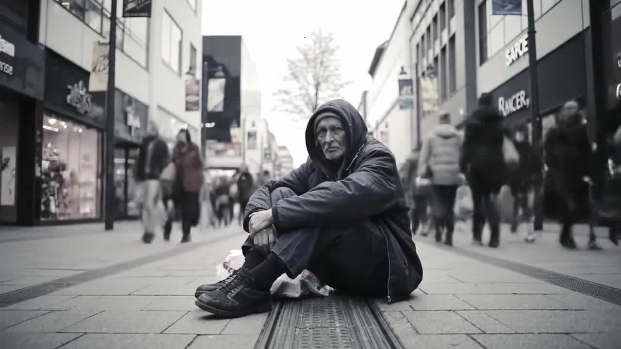 Foot traffic flows around a lone figure sitting on the pavement, showcasing the contrast between consumer activity and the challenges of homelessness in an urban area.