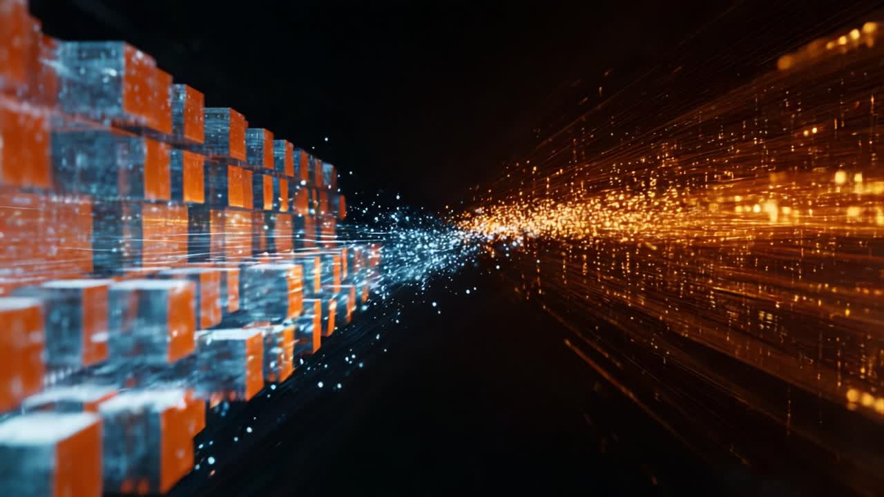 A Stunning Visual Spectrum of Energetic Particles and Cubic Structures: A Dynamic Contrast of Blue and Orange Colors Creating an Intense Digital Atmosphere