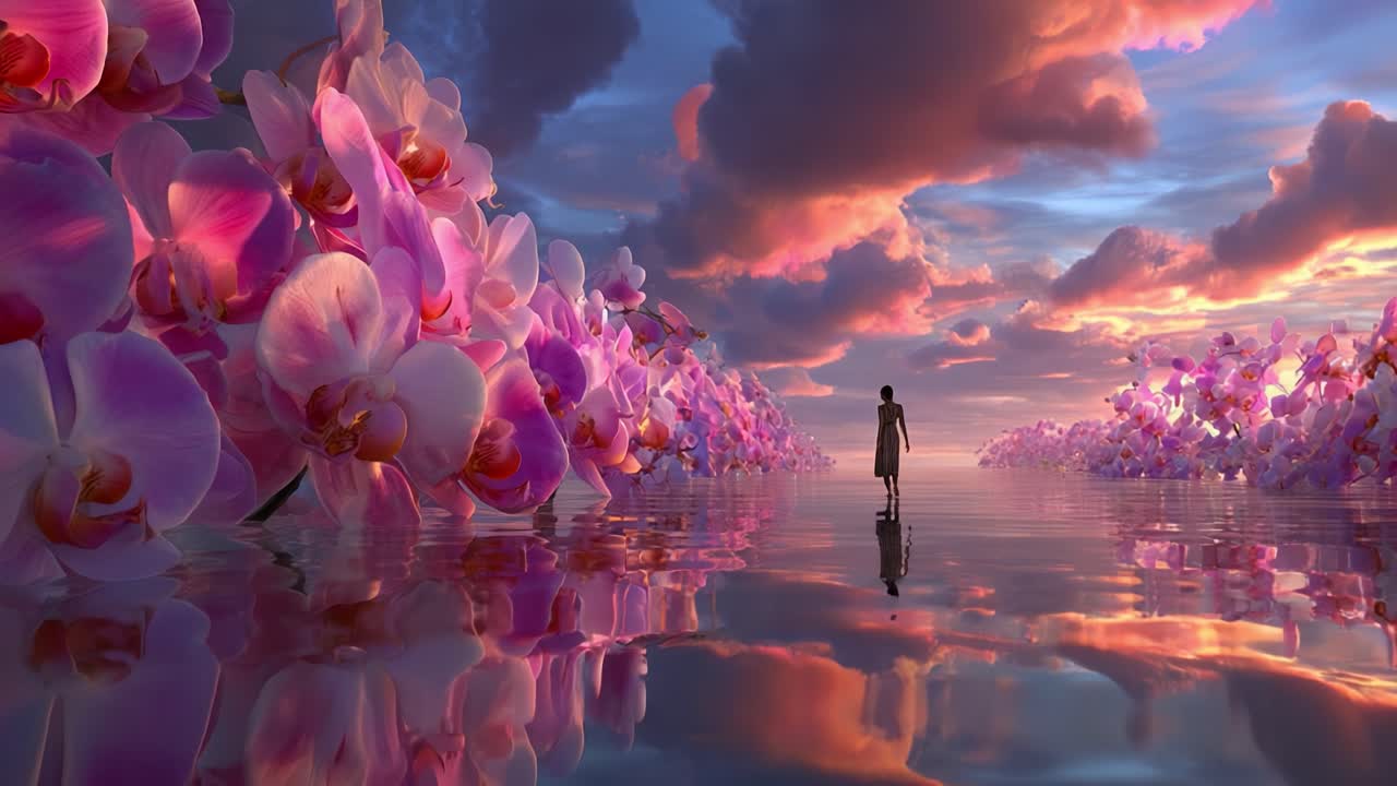Donna che cammina sull'acqua tra le orchidee al tramonto