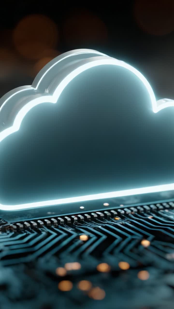 Una straordinaria rappresentazione visiva della tecnologia cloud: un'icona cloud futuristica che illumina un circuito stampato con effetti di luce riflessa e sfondo bokeh delicato
